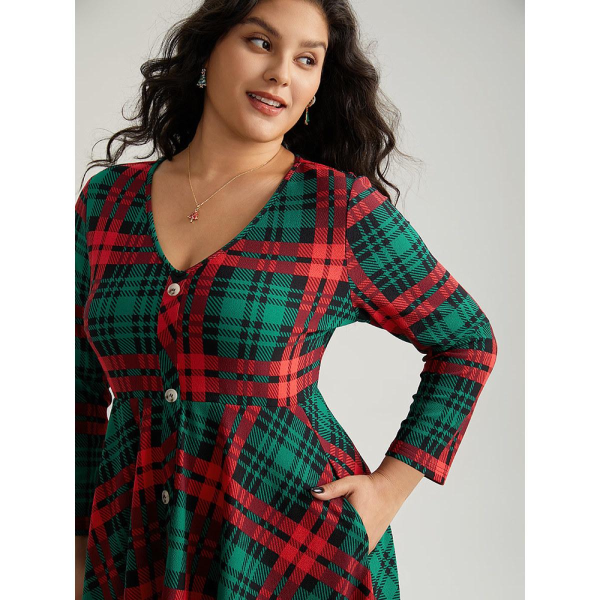 Plus Size Christmas Plaid Button Detail Hanky Hem Dress DarkGreen Women Casual Printed V-neck Long Sleeve Curvy Midi Dress BloomChic 10/M Product Image