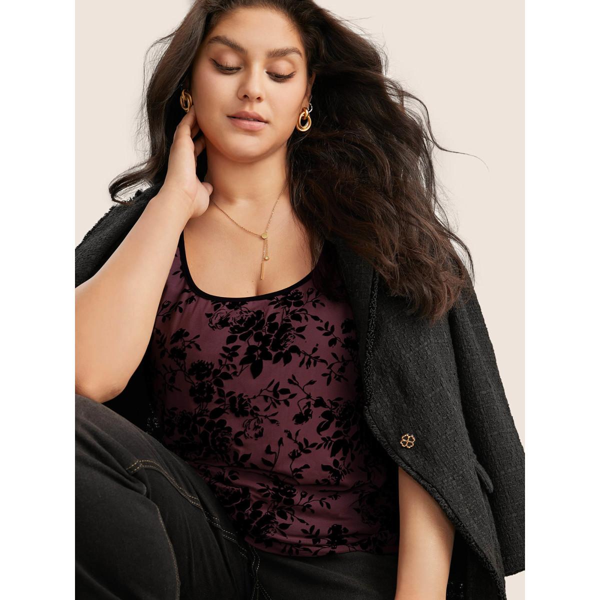 Plus Size Silhouette Floral Print Flocking Square Neck Tank Top Women Burgundy Elegant Texture Square Neck Everyday Tank Tops Camis BloomChic 22-24/3X Product Image