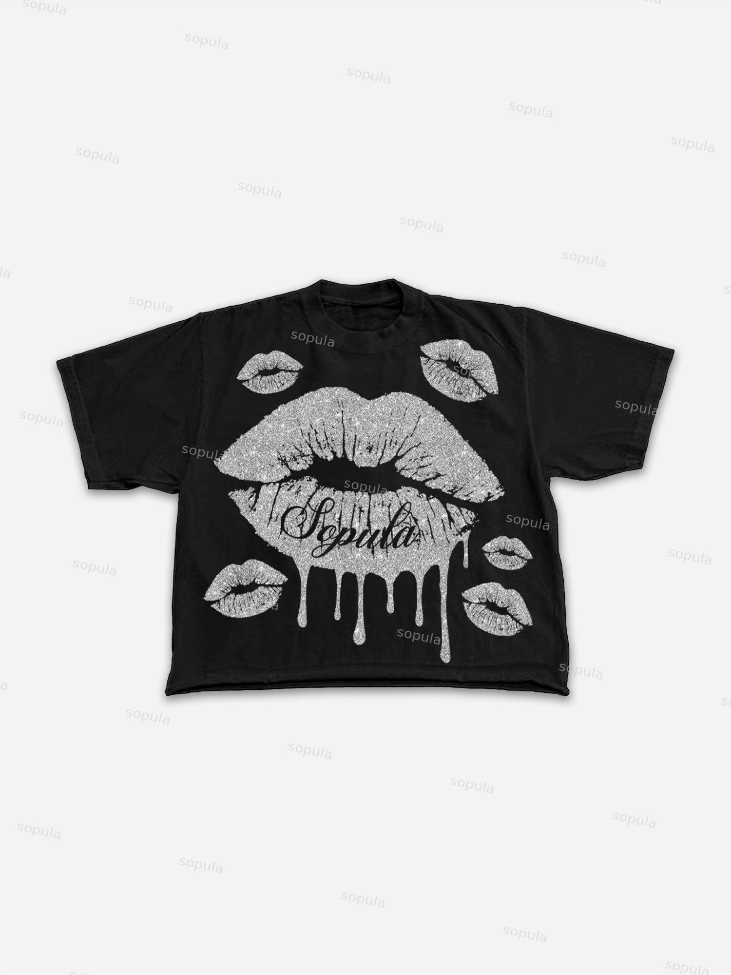 Glitter Fluid Lips Graphic Cropped T-shirt Product Image