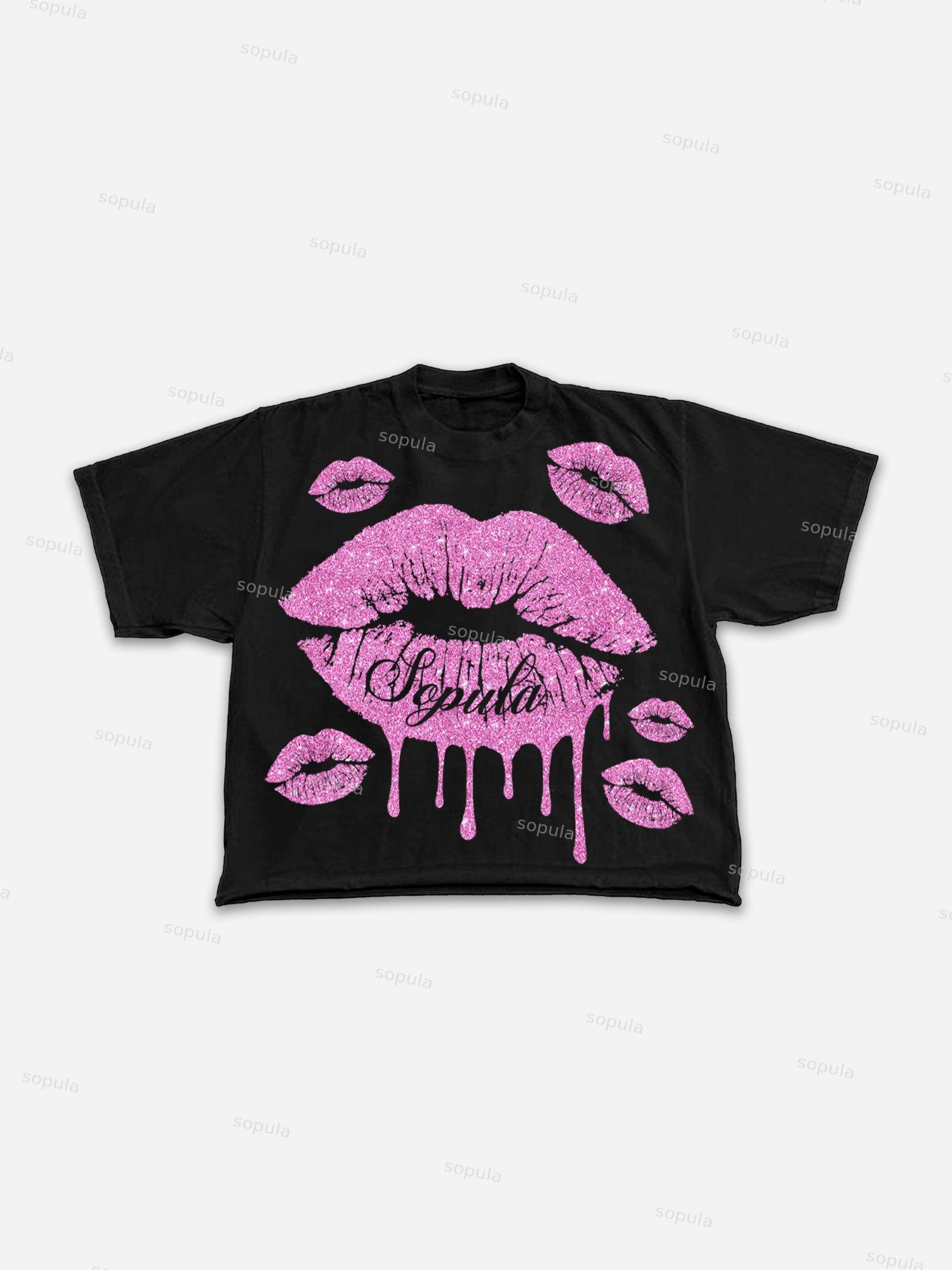 Glitter Fluid Lips Graphic Cropped T-shirt Product Image