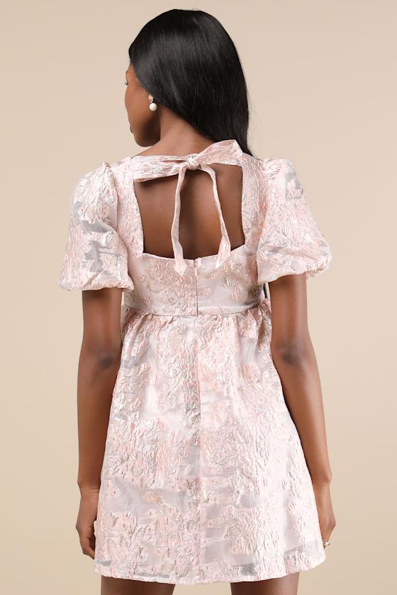 Adored Mood Pink Jacquard Puff Sleeve Tie-Back Mini Dress Product Image