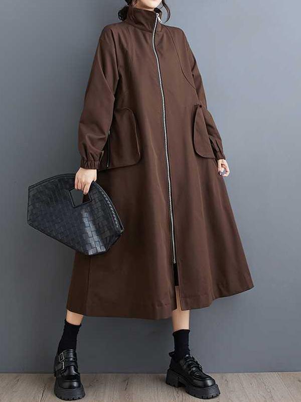 Long Sleeves Loose Elasticity Pockets Split-Joint Zipper High Neck Outerwear Trench Coats Product Image