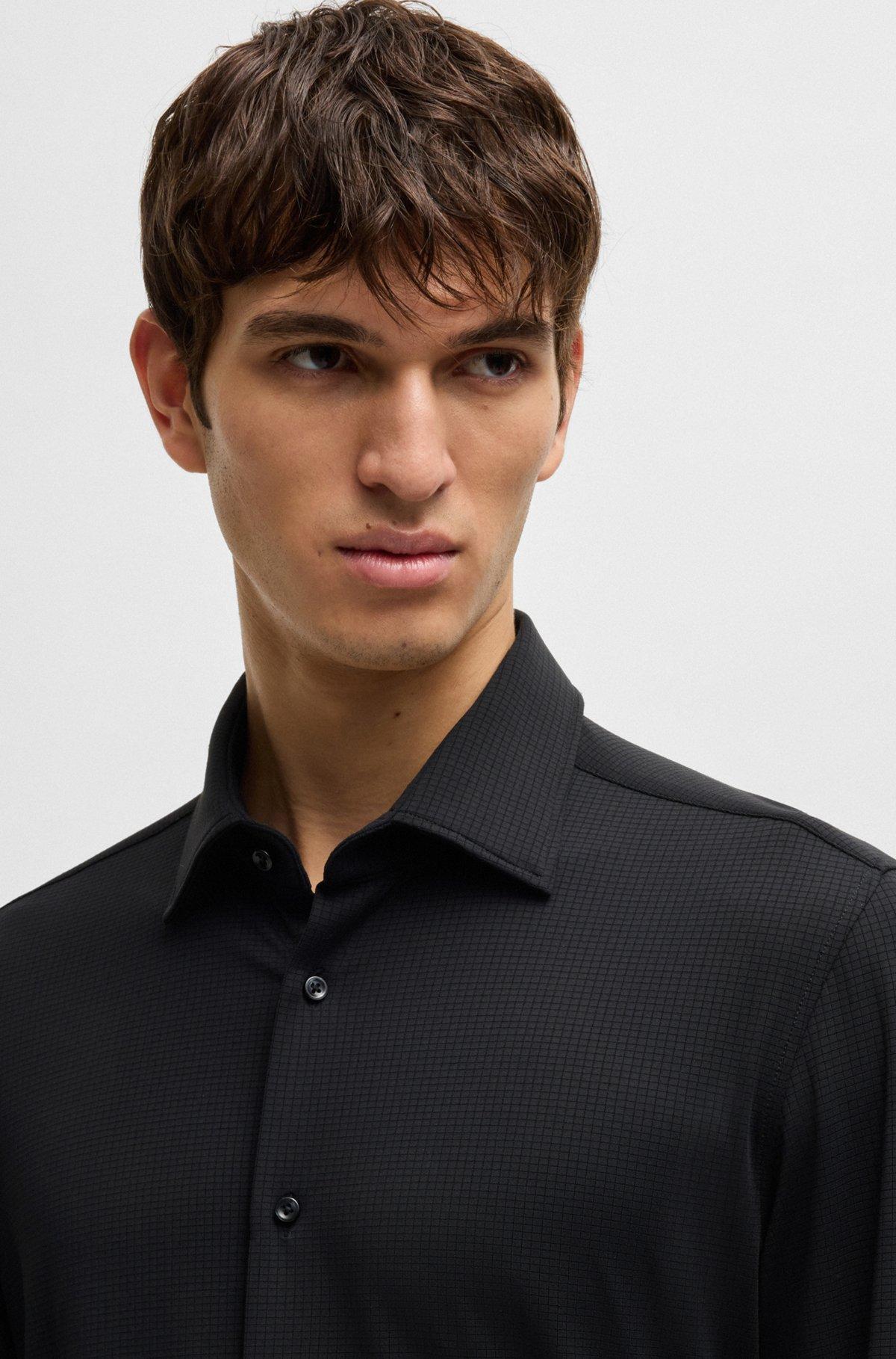 BOSS - Slim-fit shirt in textured performance-stretch jersey - Black Product Image