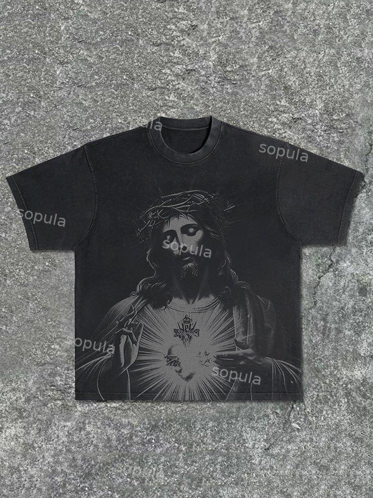 Men's Vintage Jesus Print Acid Washed T-Shirt Product Image