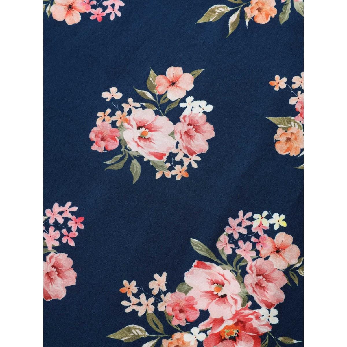 Plus Size Sweet Floral Print Shirred Waist Midi Dress DarkBlue Women Heart neckline Short sleeve Curvy BloomChic 18-20/2X Product Image