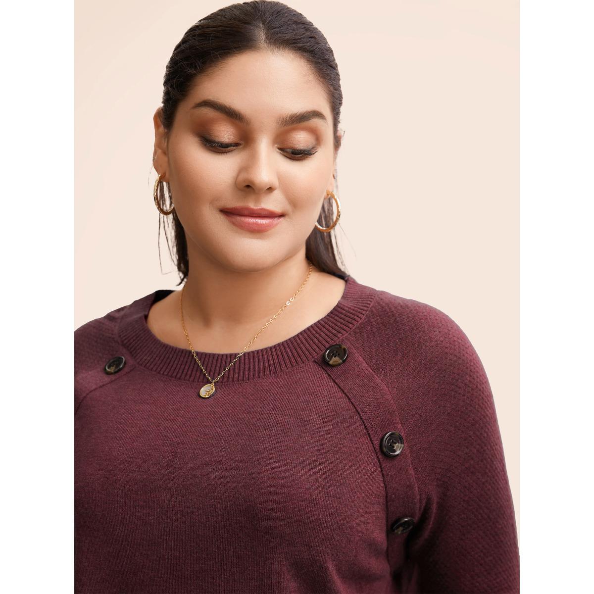 Plus Size Supersoft Essentials Button Detail Raglan Sleeve Pullover DarkGreen Women Casual Long Sleeve Round Neck Dailywear Pullovers BloomChic 22-24/3X Product Image