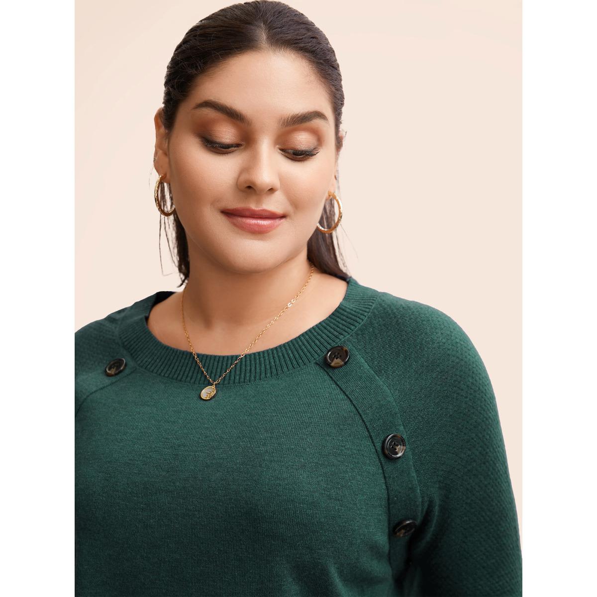 Plus Size Supersoft Essentials Button Detail Raglan Sleeve Pullover DarkGreen Women Casual Long Sleeve Round Neck Dailywear Pullovers BloomChic 26/4X Product Image