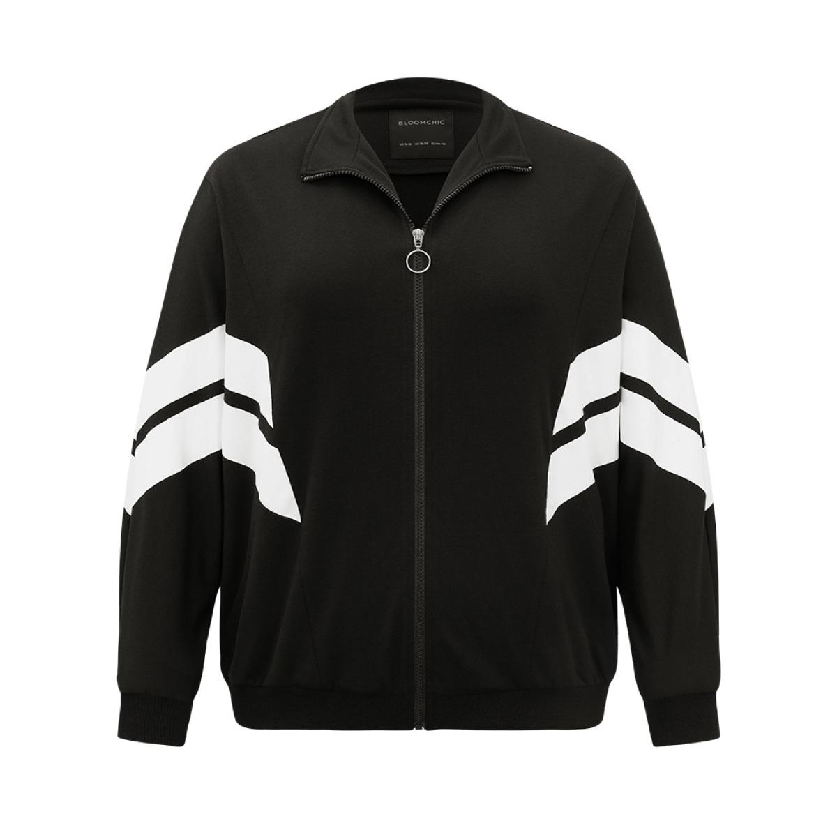 Plus Size Striped Geometric Mock Neck Zipper Jacket Women Black Contrast Everyday Jackets BloomChic 10/M Product Image
