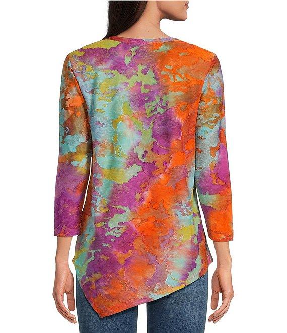 Calessa Petite Size Burnout Tie-Dye Crew Neck 3/4 Sleeve Asymmetric Hem Tunic Product Image