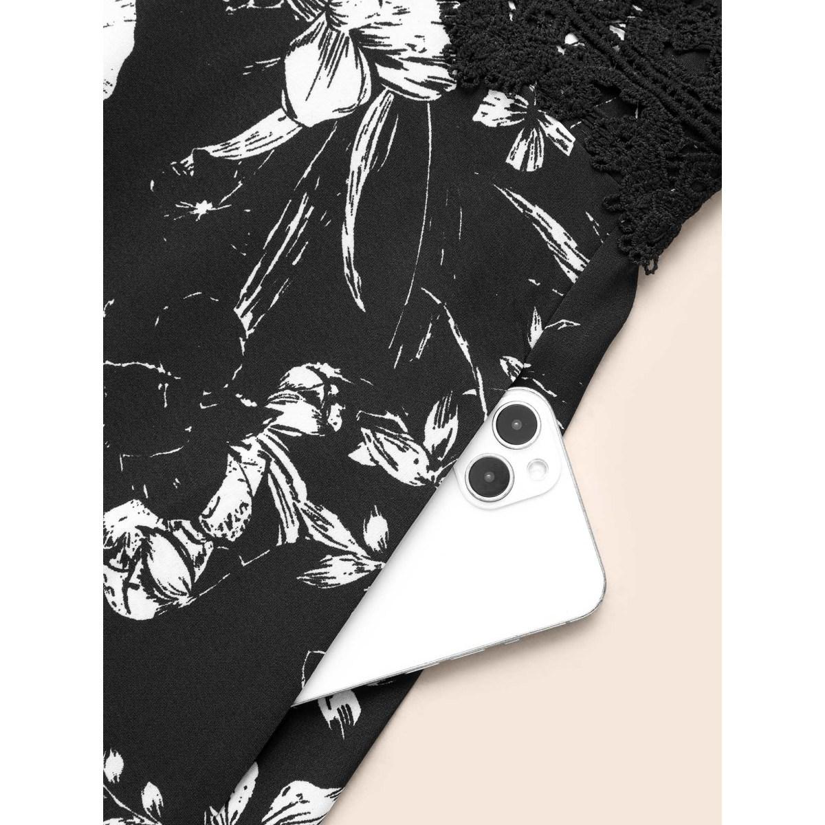 Plus Size Floral Patchwork Lace Trim Midi Dress Black Women Elegant Woven ribbon&lace trim V-neck Elbow-length sleeve Curvy BloomChic 14-16/1X Product Image