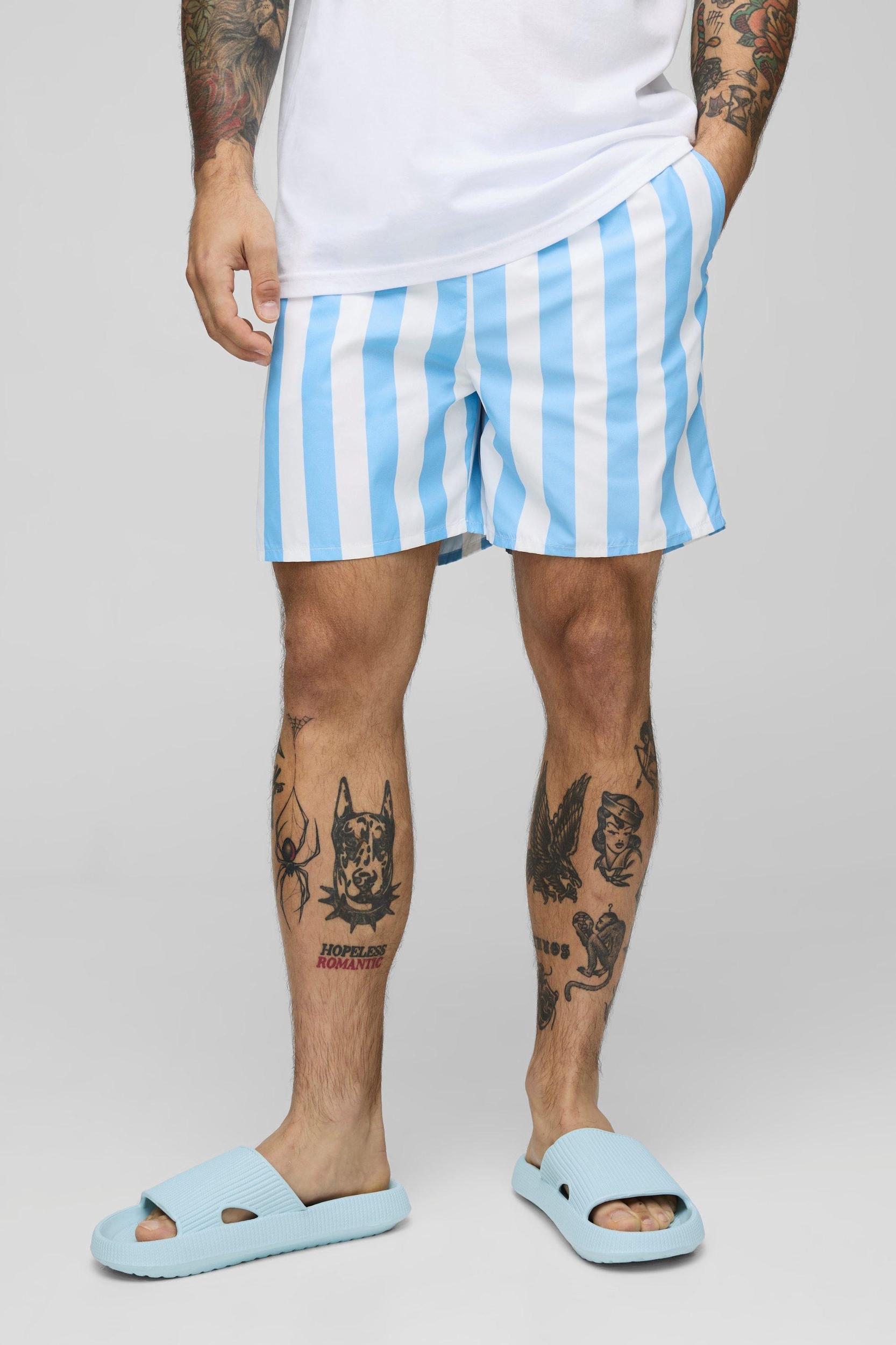 Wide Stripe Print Mid Length Swim Trunks | boohooMAN USA Product Image
