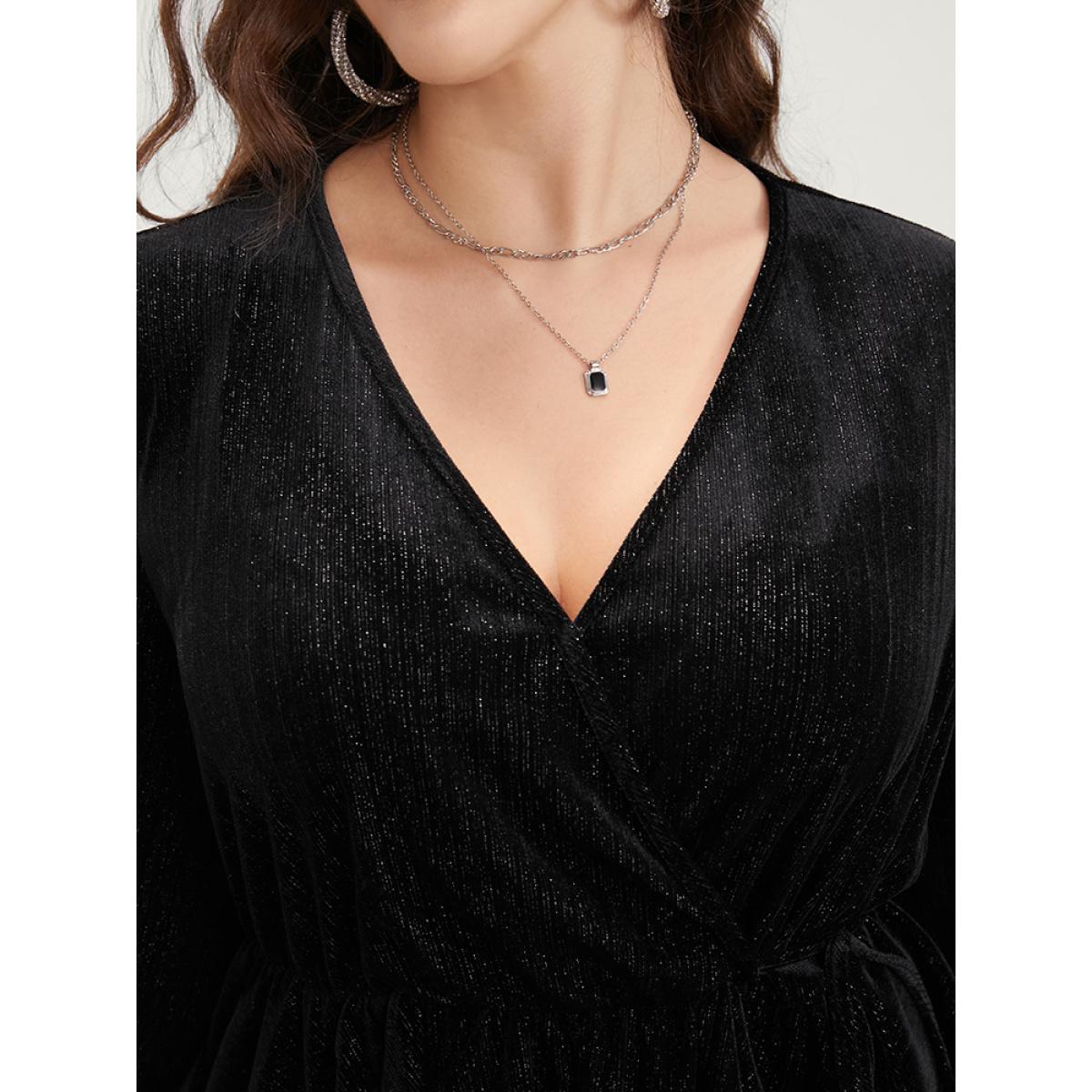 Plus Size Black Solid Shirred Lantern Sleeve Ties Up Velvet Wrap Blouse Women Party Long Sleeve V-neck Going out Blouses BloomChic 26/4X Product Image