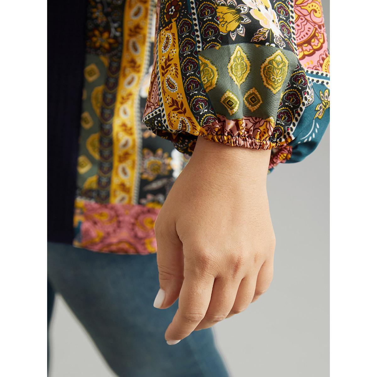 Plus Size Boho Print Button Up Patchwork Lantern Sleeve Sweatshirt DarkBlue Women Casual Elastic cuffs Bohemian Print Open Front Dailywear T-shirts BloomChic 28/5X Product Image