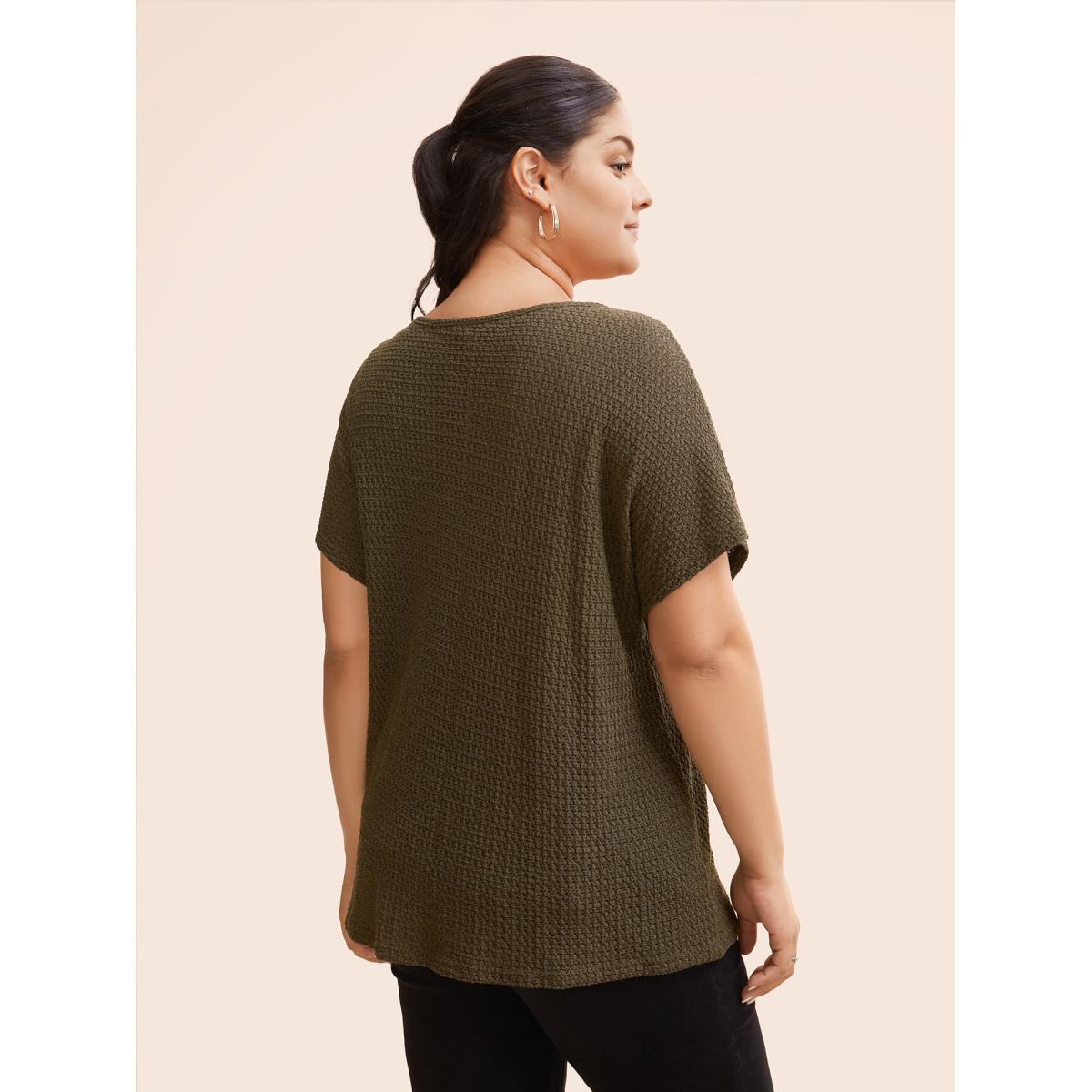 Plus Size Texture Half Zip Batwing Sleeve T-shirt ArmyGreen Women Casual Texture V-neck Everyday T-shirts BloomChic 10/M Product Image