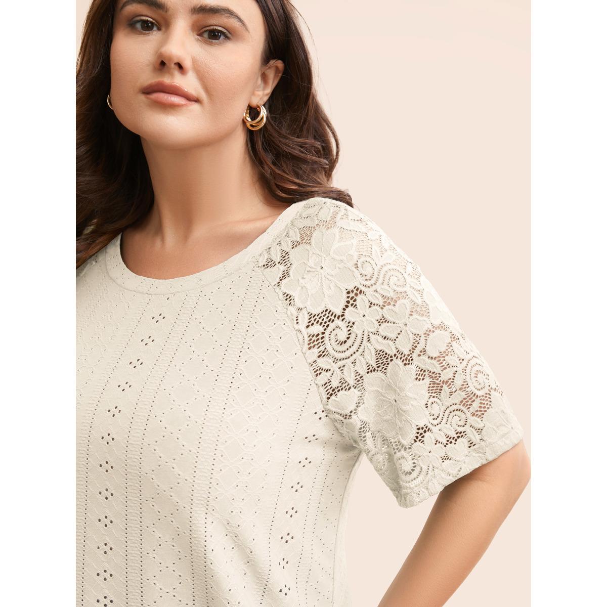 Plus Size Solid Broderie Anglaise Lace Raglan Sleeve T-shirt Beige Women Elegant See through Plain Round Neck Everyday T-shirts BloomChic 30/6X Product Image