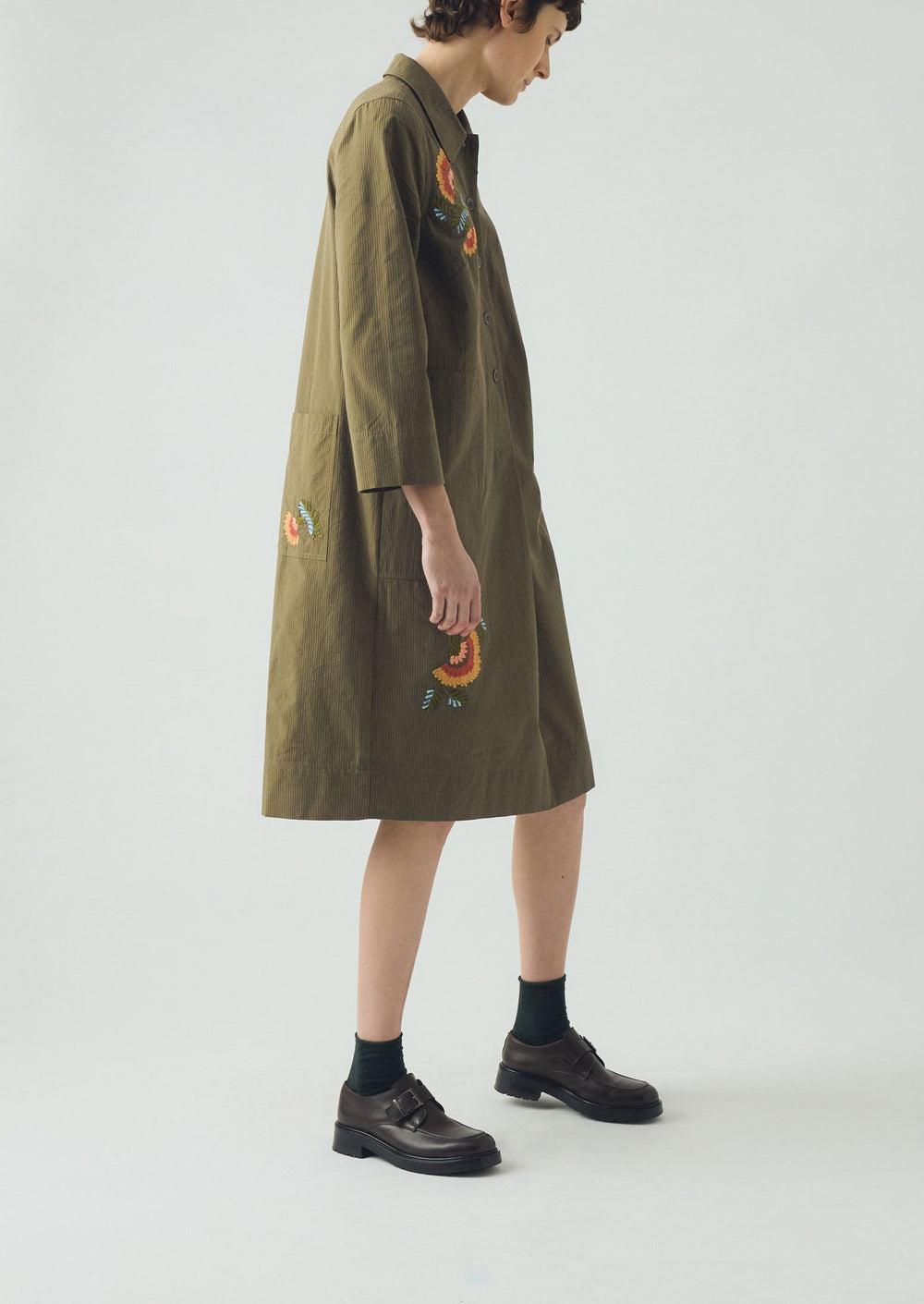 Embroidered Mini Stripe Cotton Shirt Dress | Olive Product Image