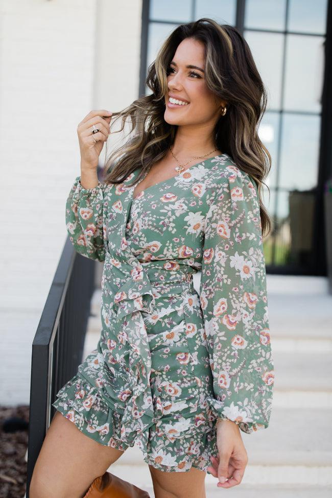 Any Way You Like Olive Print Wrap Style Ruffle Dress FINAL SALE Product Image