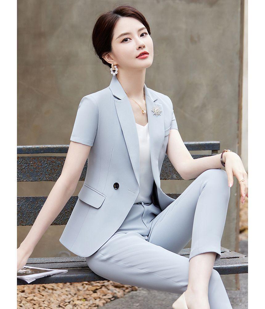 Short-Sleeve Notch Lapel Plain Double Breasted Blazer / High Rise Plain Mini Pencil Skirt / High Rise Cropped Tapered Suit Pants Product Image