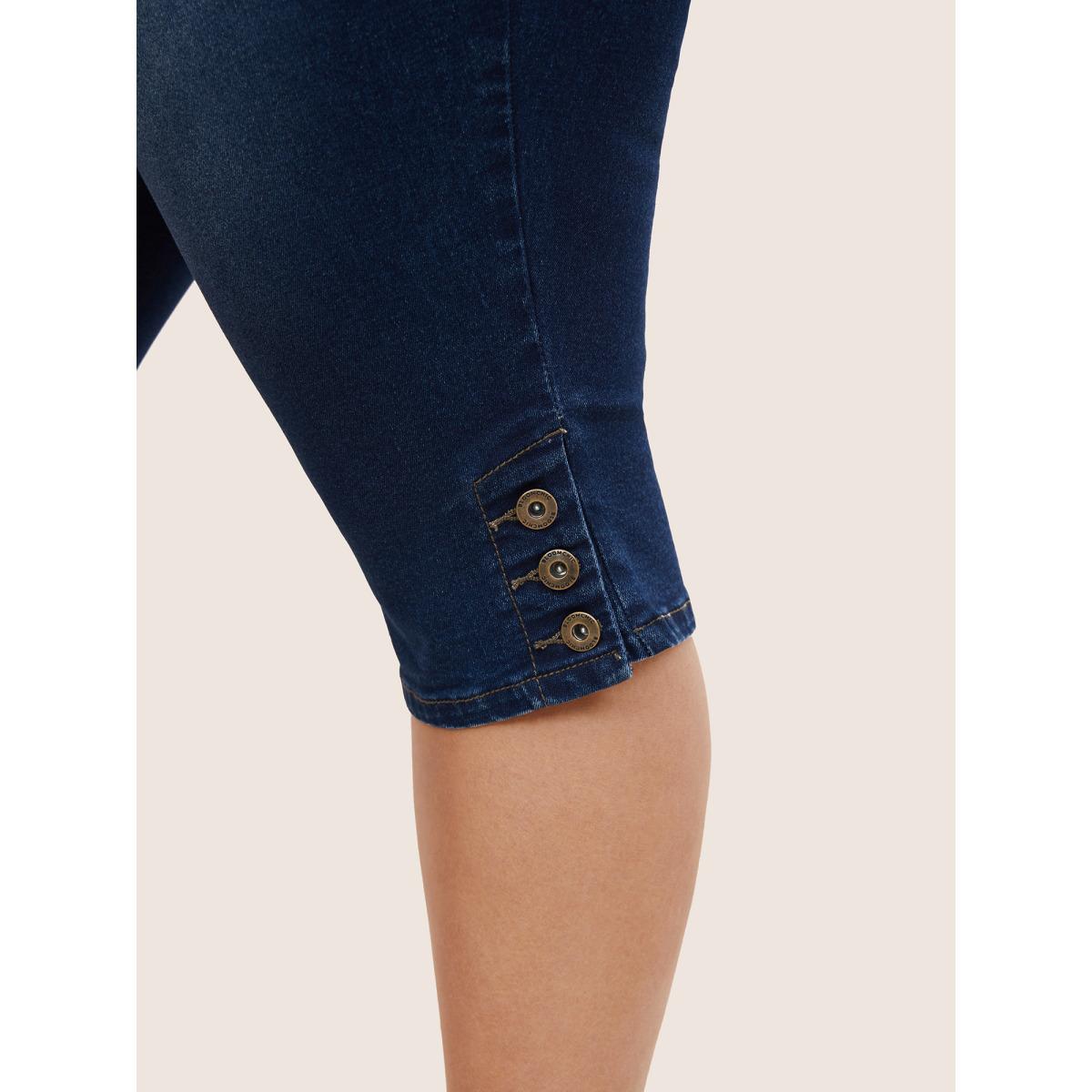 Plus Size High stretch Dark Wash Button Hem Cropped Jeans Women Blue Elegant Button High stretch Slanted pocket Jeans BloomChic 18/2X Product Image