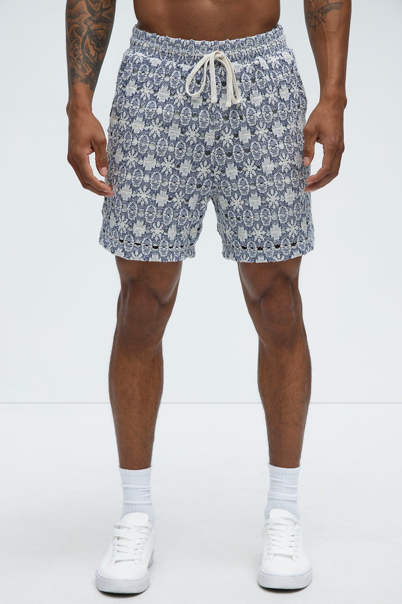 Patterned Open Knit Shorts - Blue/combo Product Image