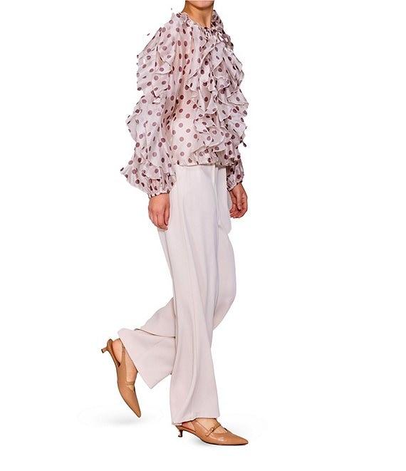 MELLODAY Polka Dot All Over Ruffle Tie Front Long Sleeve Blouse Product Image