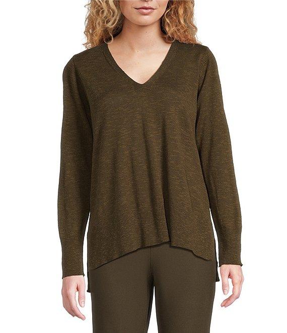 Eileen Fisher Organic Linen Cotton Blend V-Neck Long Sleeve Sweater Product Image