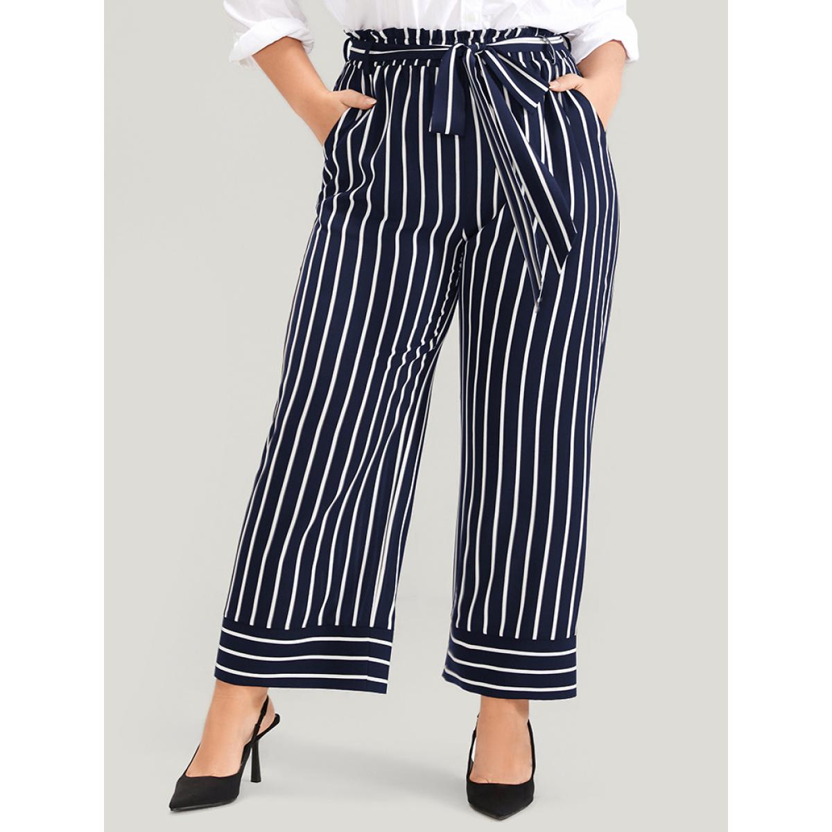 Plus Size Striped Patchwork Pocket Belted Elastic Waist Pants Women Navy Office High Rise Work Pants BloomChic 30/6X Product Image