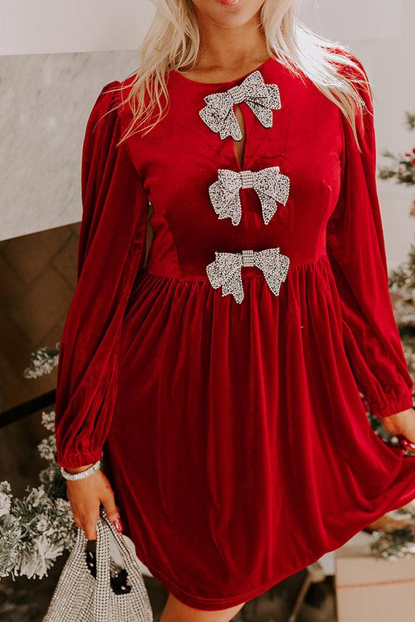 Bows And Kisses Velvet Mini Dress in Crimson Product Image