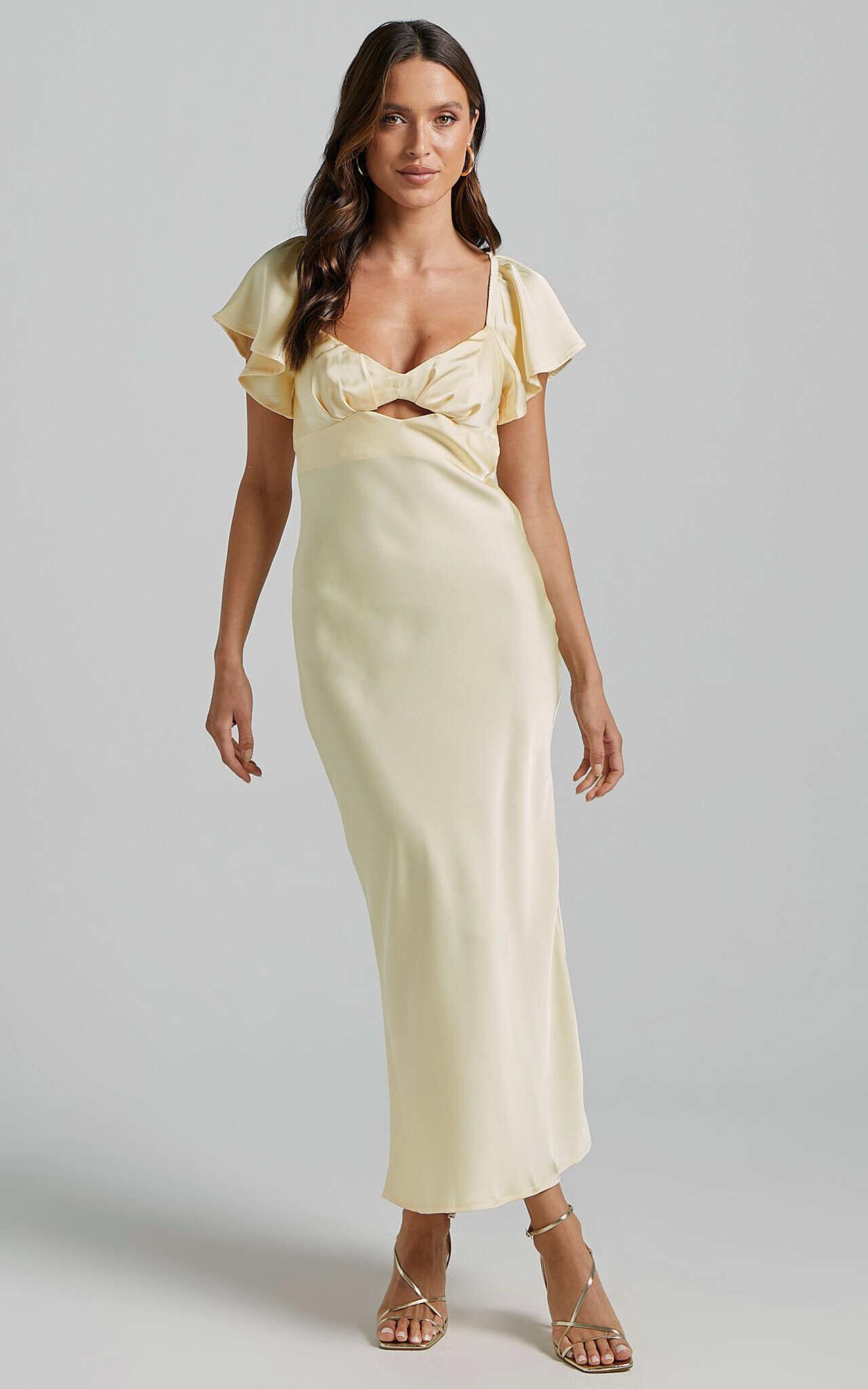 Emberlynn Midi Dress - Flutter Sleeve Cut Out Satin Dress in Butter Yellow Product Image