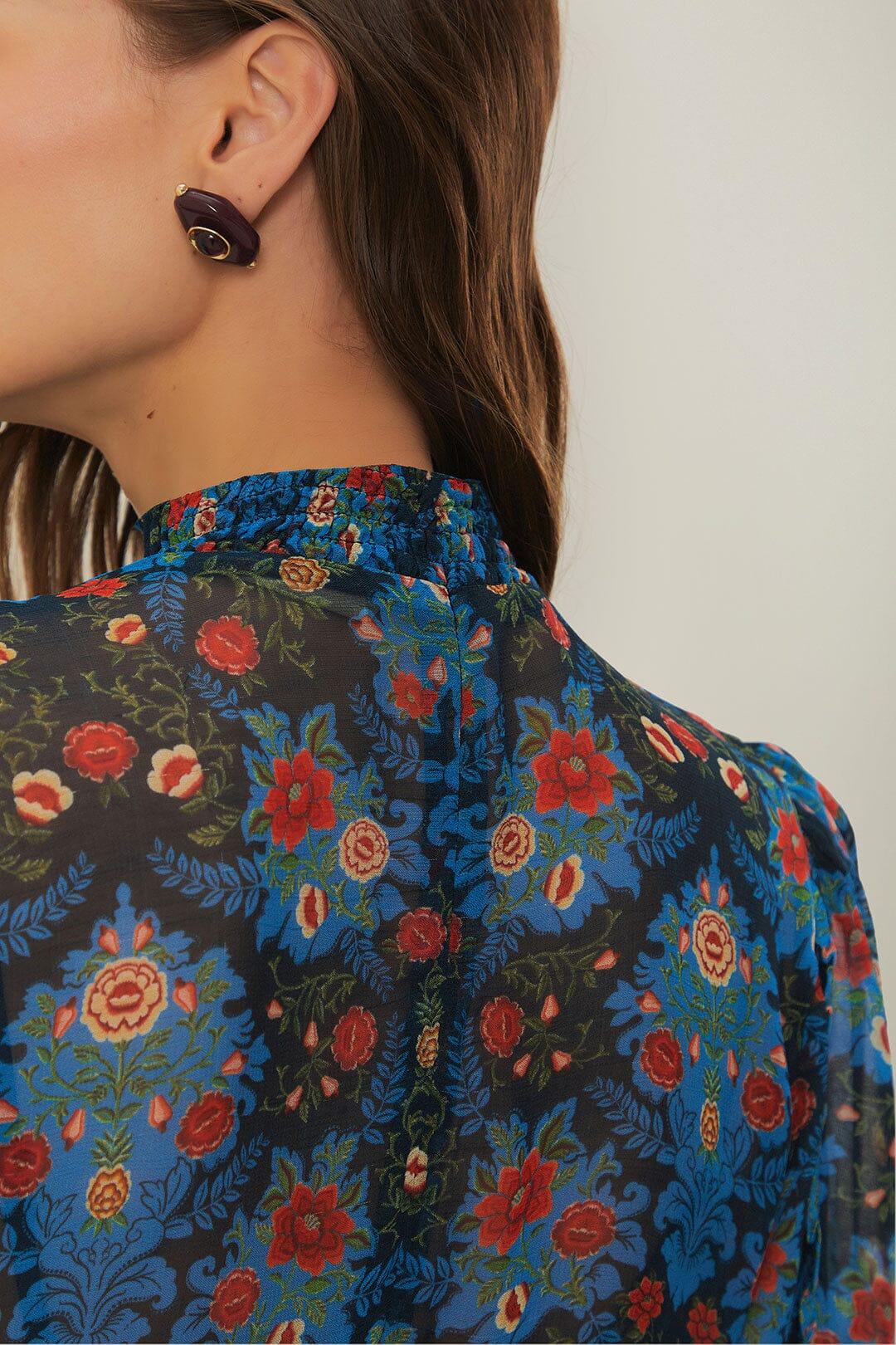 Blue Arabesque Floral High Neck Mini Dress Product Image