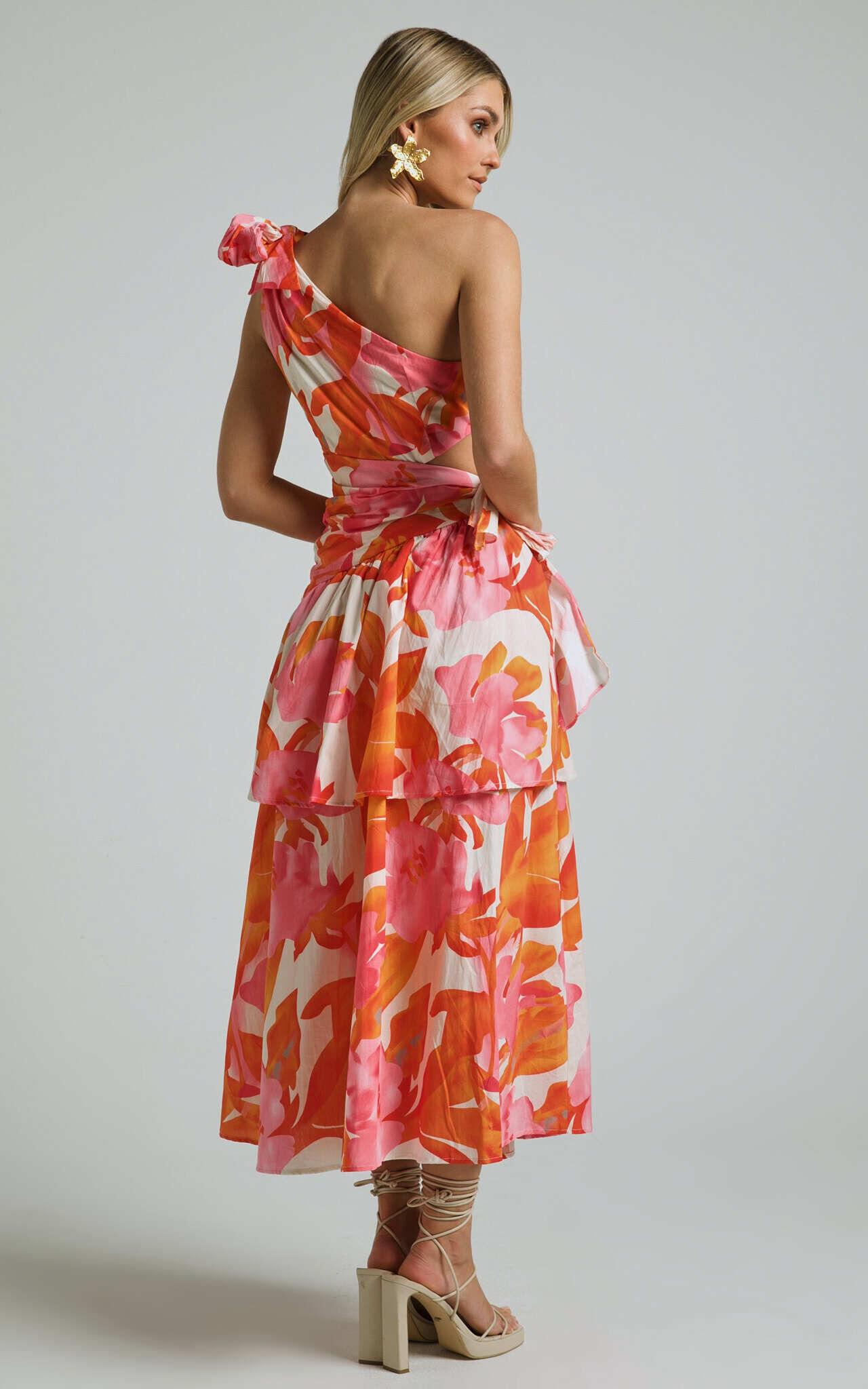 Honolulu Midi Dress - One Shoulder Tiered Dress in Orange Floral Product Image
