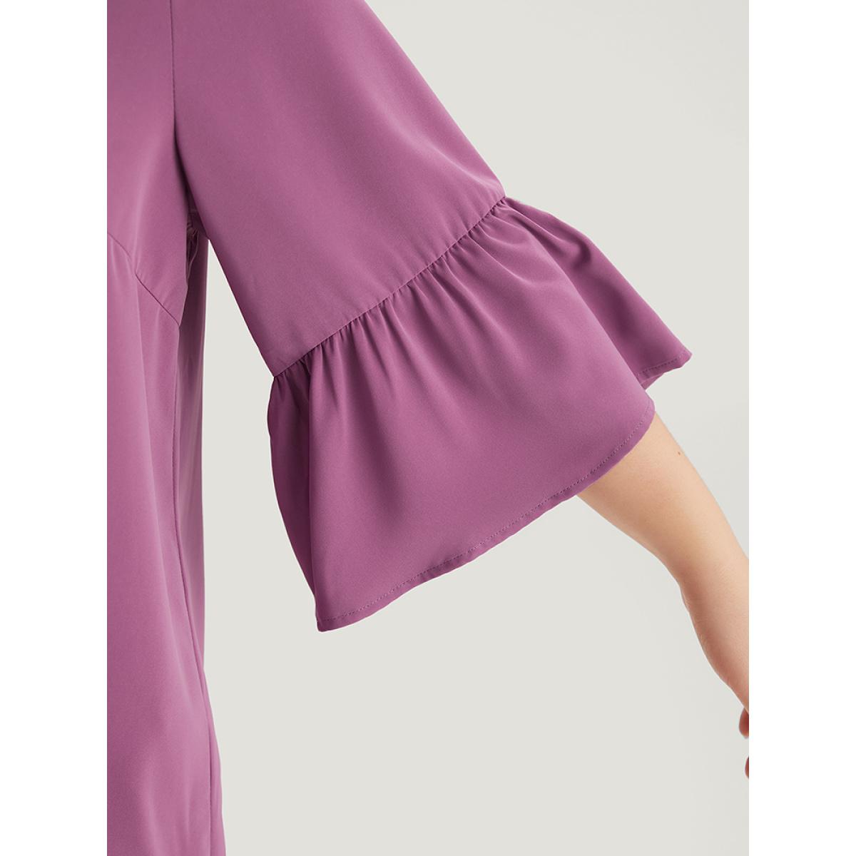 Plus Size Mauve Plain Keyhole Bell Sleeve Button Detail Blouse Women Office Elbow-length sleeve V-neck Office Blouses BloomChic 30/6X Product Image