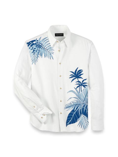 Linen Blend Botanical Print Casual Shirt - White Product Image