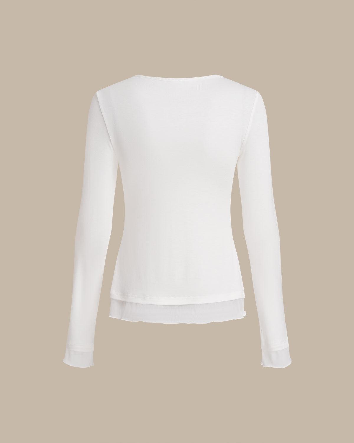 White Round Neck Knit Slim Tee Product Image