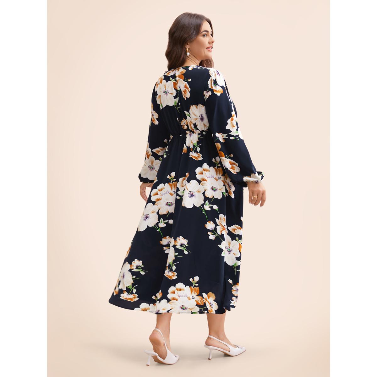 Plus Size Bloom Dress - Floral Lantern Sleeve Pocket Split Surplice Neck Flutter Maxi Dress DarkBlue Women Elegant Printed V-neck Long Sleeve Curvy Long Dress BloomChic 30/6X Product Image