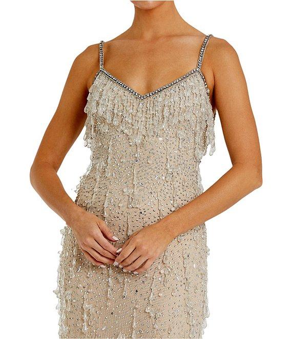 Mac Duggal Vneck Embellished Mesh Fringe Column Gown Product Image