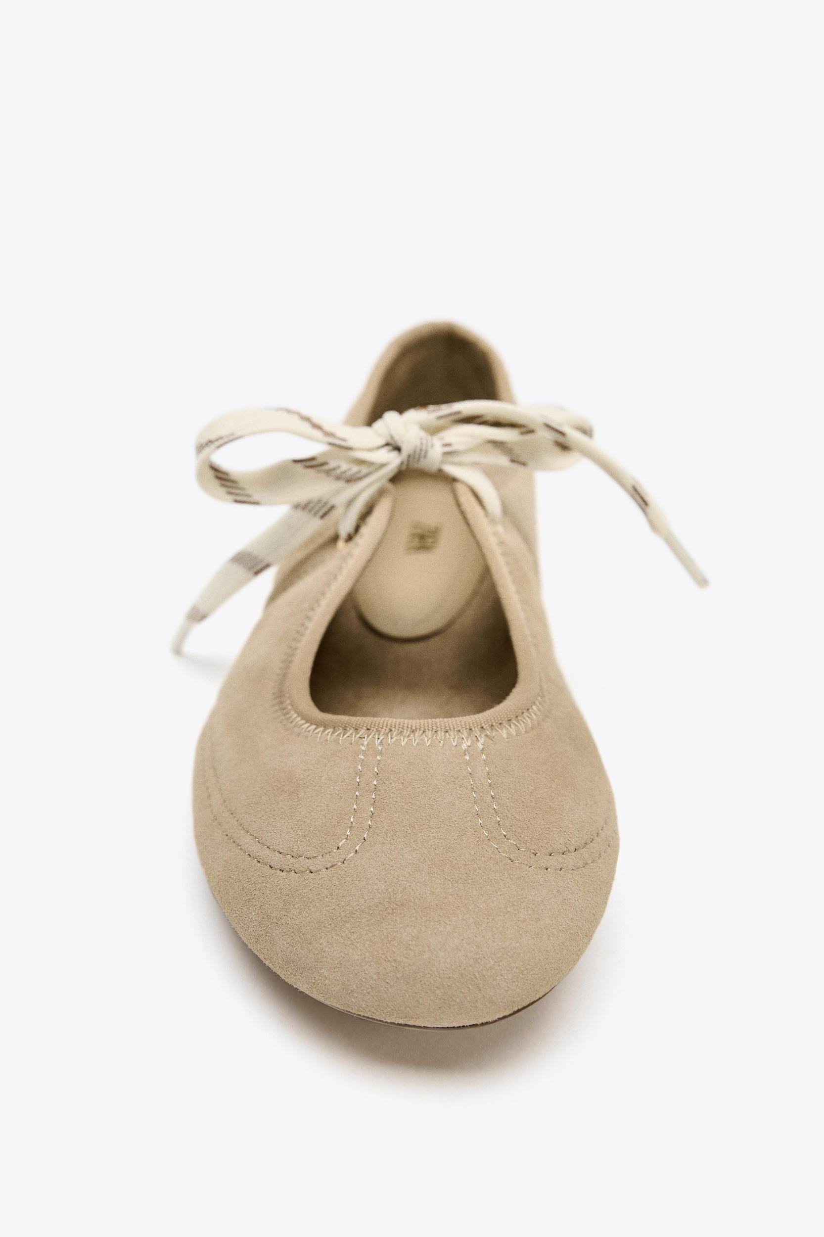 SPLIT LEATHER LACE-UP BALLET FLATS Product Image