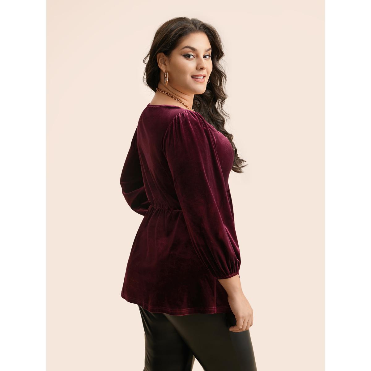 Plus Size Burgundy Velvet Heart Neckline Gathered Blouse Women Timeless Three Quarter Length Sleeve Heart neckline Elegant Blouses BloomChic 22-24/3X Product Image