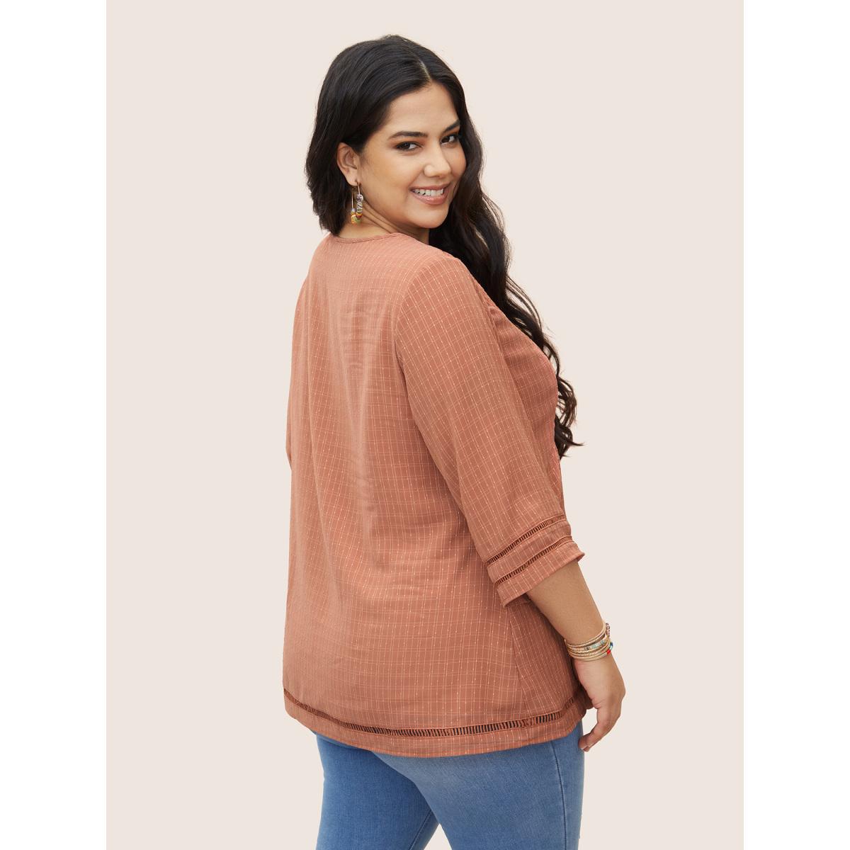 Plus Size Coral Solid Notched Lace Panel Bell Sleeve Blouse Women Resort Elbow-length sleeve Flat collar with V-notch Vacation Blouses BloomChic 26/4X Product Image