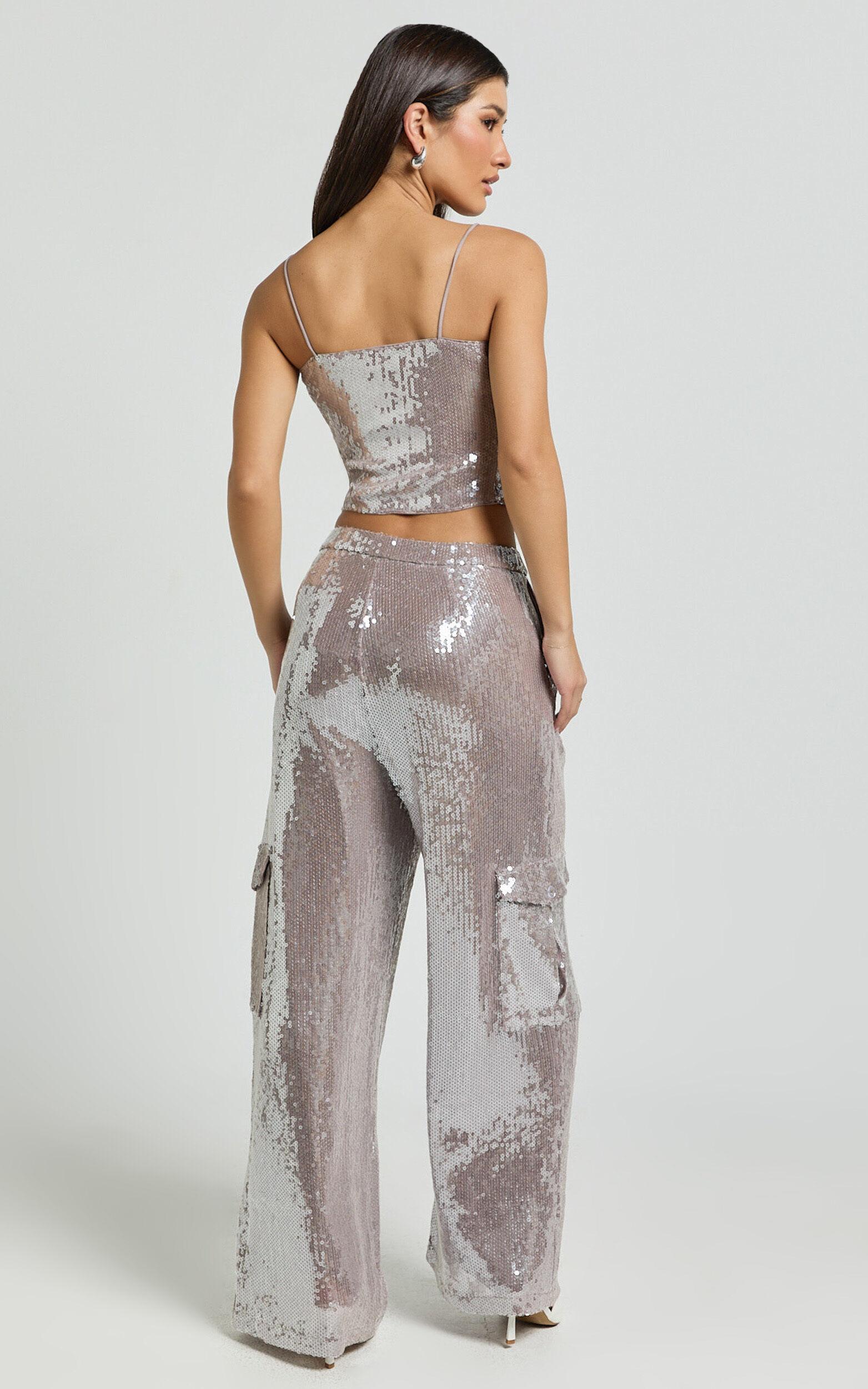 Tricia Pants - Mid Waist Cargo Pocket Sequin Pants in Grey Product Image
