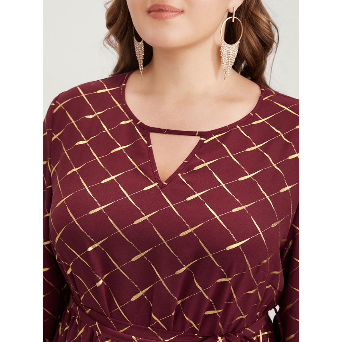 Plus Size Geometric Lantern Sleeve Pocket Keyhole Round Neck Belted Dress Scarlet Women Party Elastic Waist Round Neck Long Sleeve Curvy Midi Dress BloomChic 10/M Product Image