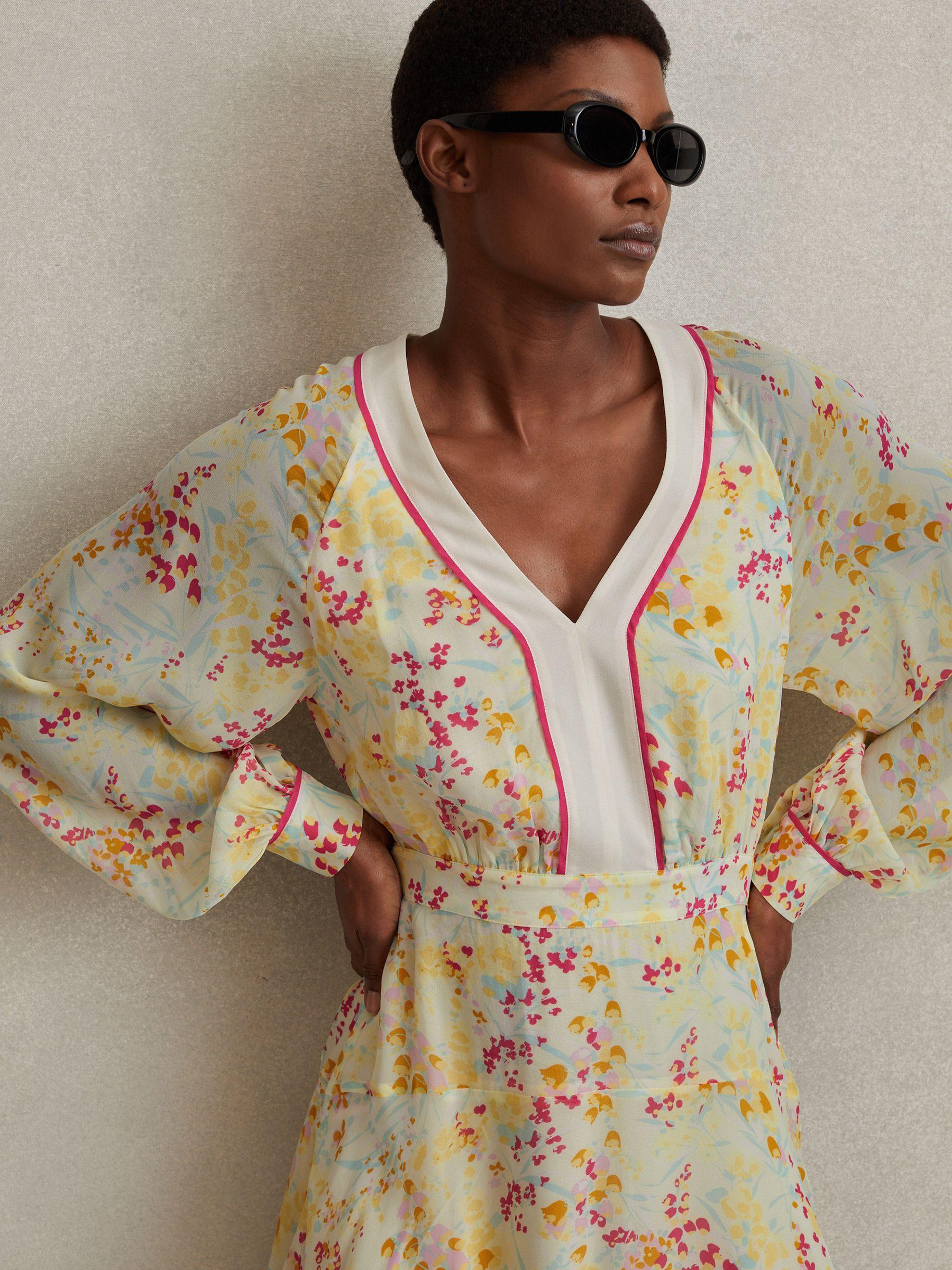 Floral Print Puff Sleeve Mini Dress in Pink/Yellow Product Image