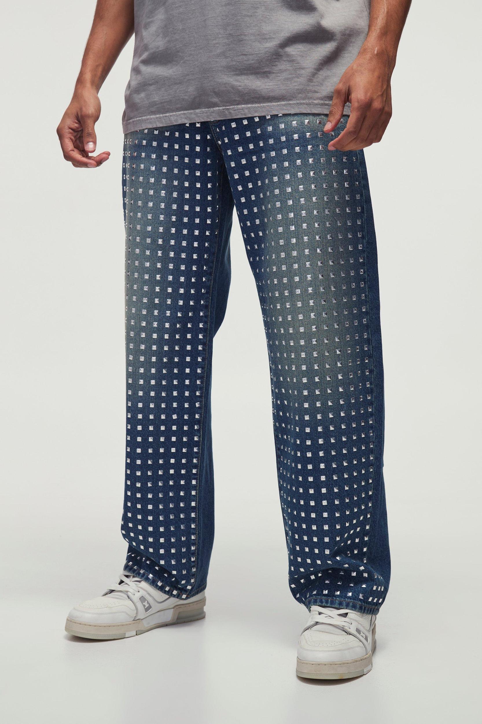 Relaxed Rigid Studded Denim Jeans | boohooMAN USA Product Image