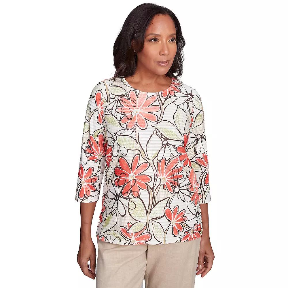 Petite Alfred Dunner Bold Island Floral Textured Top, Women's, Size: Medium Petite, Orange Team Product Image