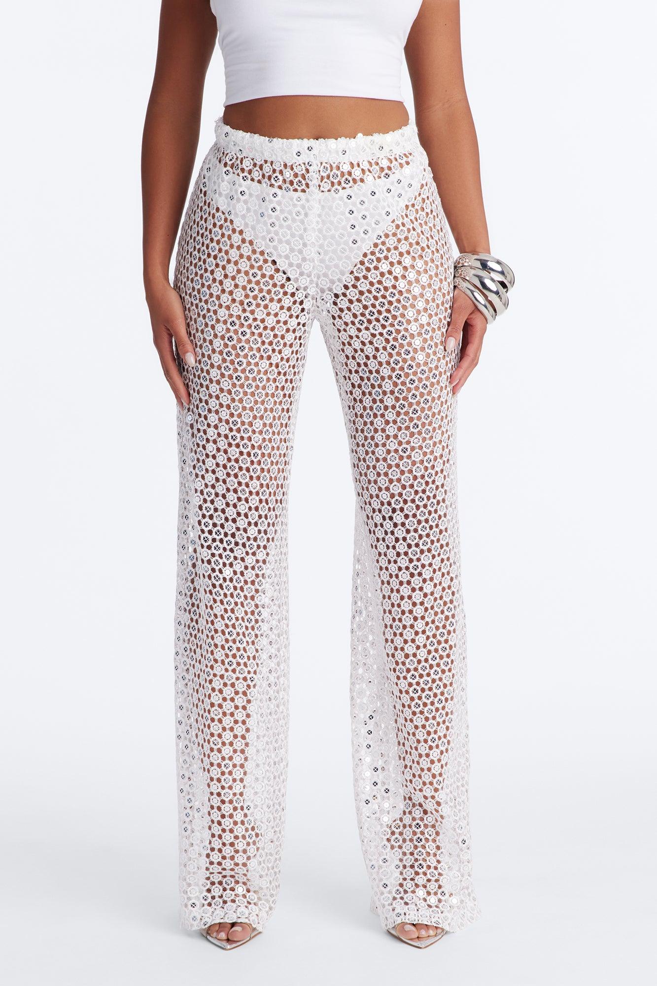 Zuri Low Rise Crochet Sequin Wide Leg Pant - White Female Product Image