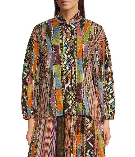 Ro's Garden Jeremy Woven Print Mock Neck Long Balloon Sleeve Button Front Coordinating Blouse Product Image