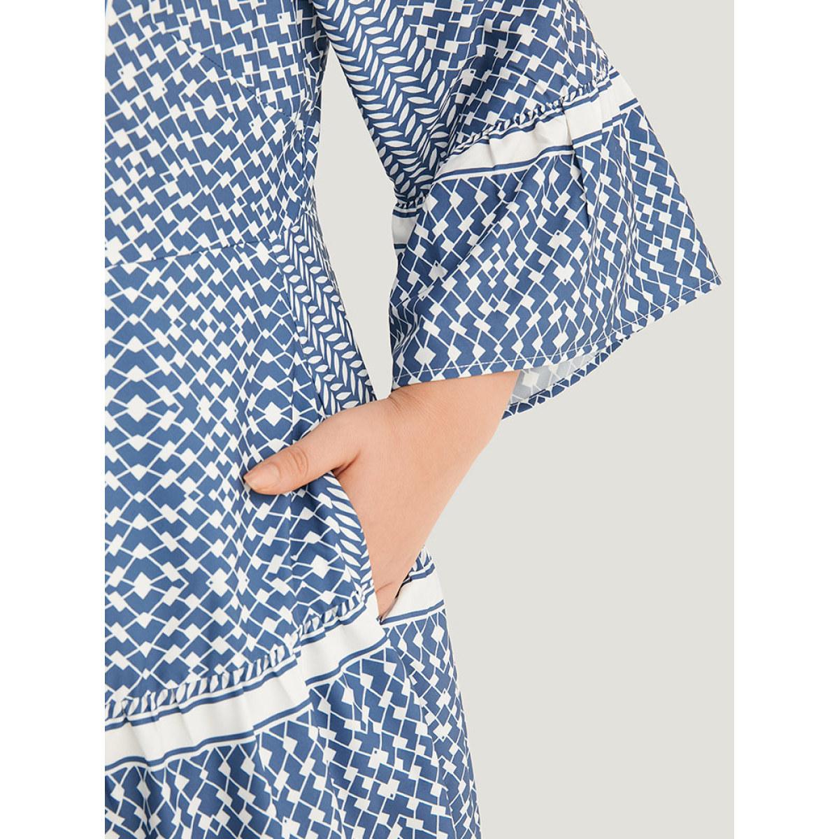 Plus Size Bandana Print Notched Pocket Patchwork Dress Stone Women Vacation Gathered Notched collar Elbow-length sleeve Curvy Midi Dress BloomChic 22-24/3X Product Image