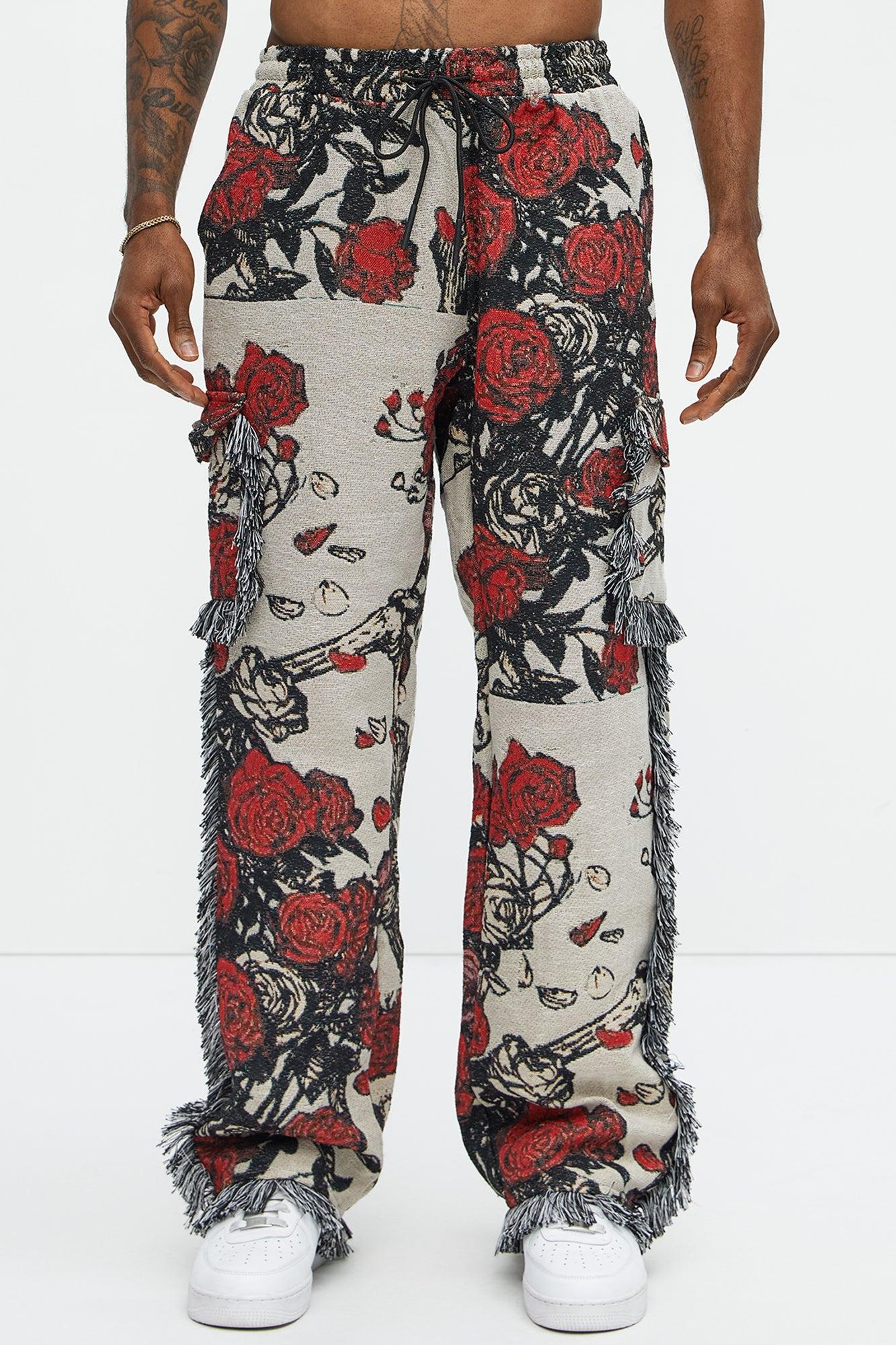 Straight Petals Tapestry Cargo Pants - Red/combo Product Image