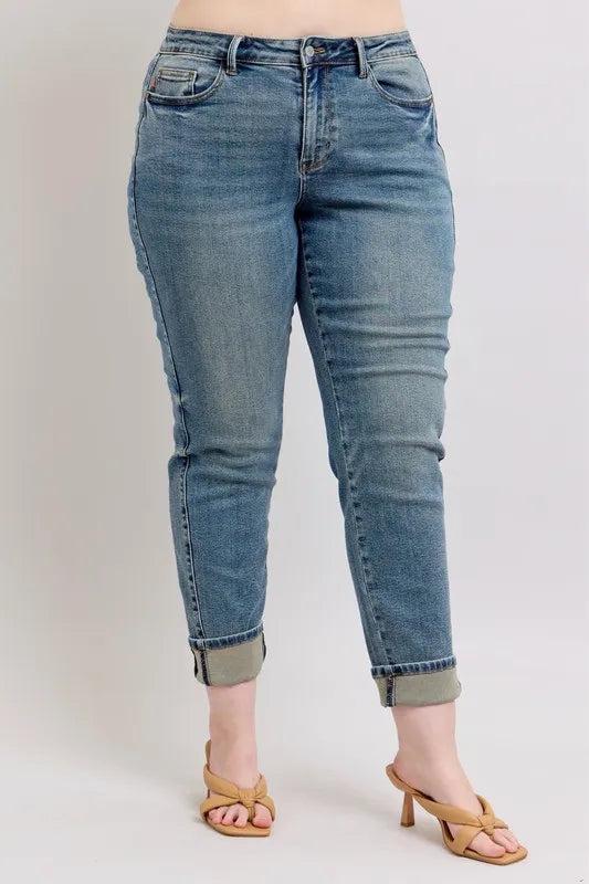 88946   Alina Mid-Rise Vintage Wash Double Roll Cuff Boyfriend Judy Blue Jeans Product Image