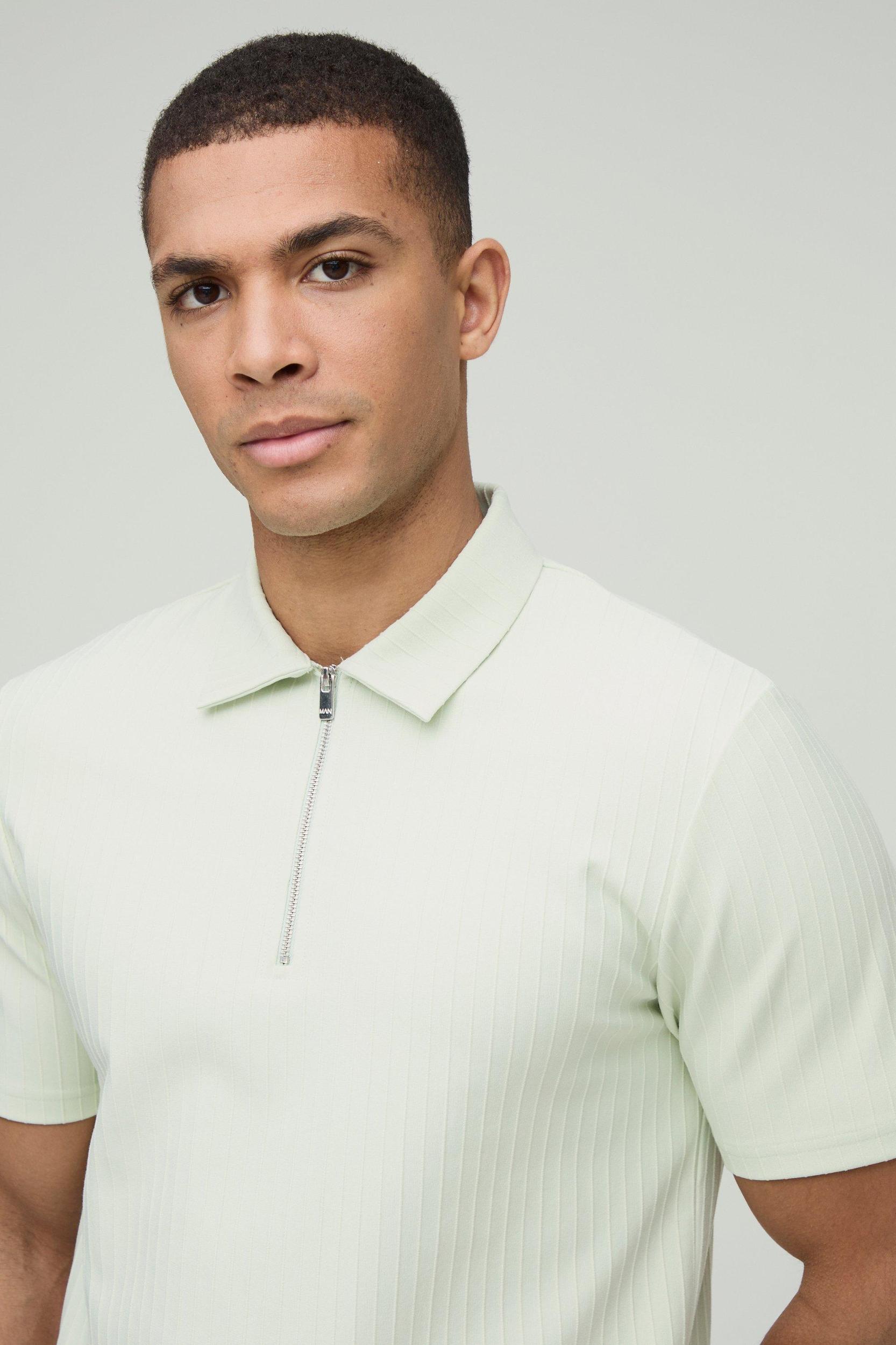 Slim Fit Zip Collar Textured Stripe Short Sleeve Polo | boohooMAN USA Product Image